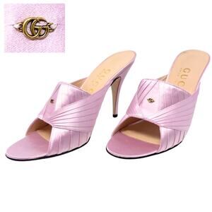 Gucci GG Logo Marmont Rose Pink Silk Satin Shawana Gold Heels Mules Sandals 39.5